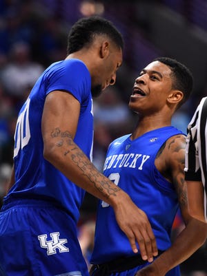 Nov 17, 2015; Chicago, IL, USA; Kentucky Wildcats guard Tyler Ulis (3) celebrates with teammates during the second half at United Center. Mandatory Credit: Mike DiNovo-USA TODAY Sports