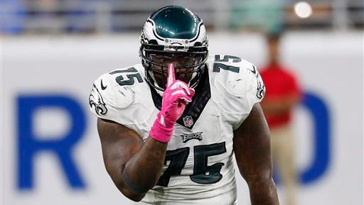 Philadelphia Eagles defensive end Vinny Curry (75) gestures after a play during the second half of an NFL football game against the Detroit Lions, Sunday, Oct. 9, 2016, in Detroit. (AP Photo/Paul Sancya)