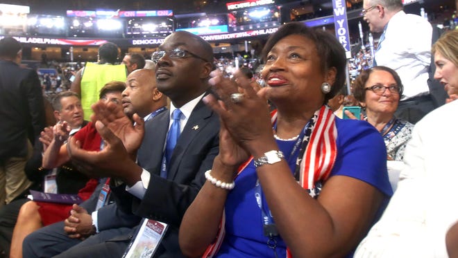 New York State Senator Andrea Stewart-Cousins was among those in the New York State delegation during the opening session of the Democratic National Convention at the Wells Fargo Arena in Philadelphia July 25, 2016. 