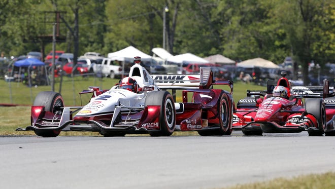 Juan Pablo Montoya and Graham Rahal during the Honda Indy 200 at Mid-Ohio Sports Car Course.