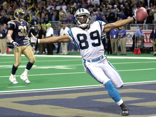 2003: The Panthers won a marathon NFC divisional game over the Rams, 29-23, when Steve Smith scored on this 69-yard touchdown catch in double overtime.