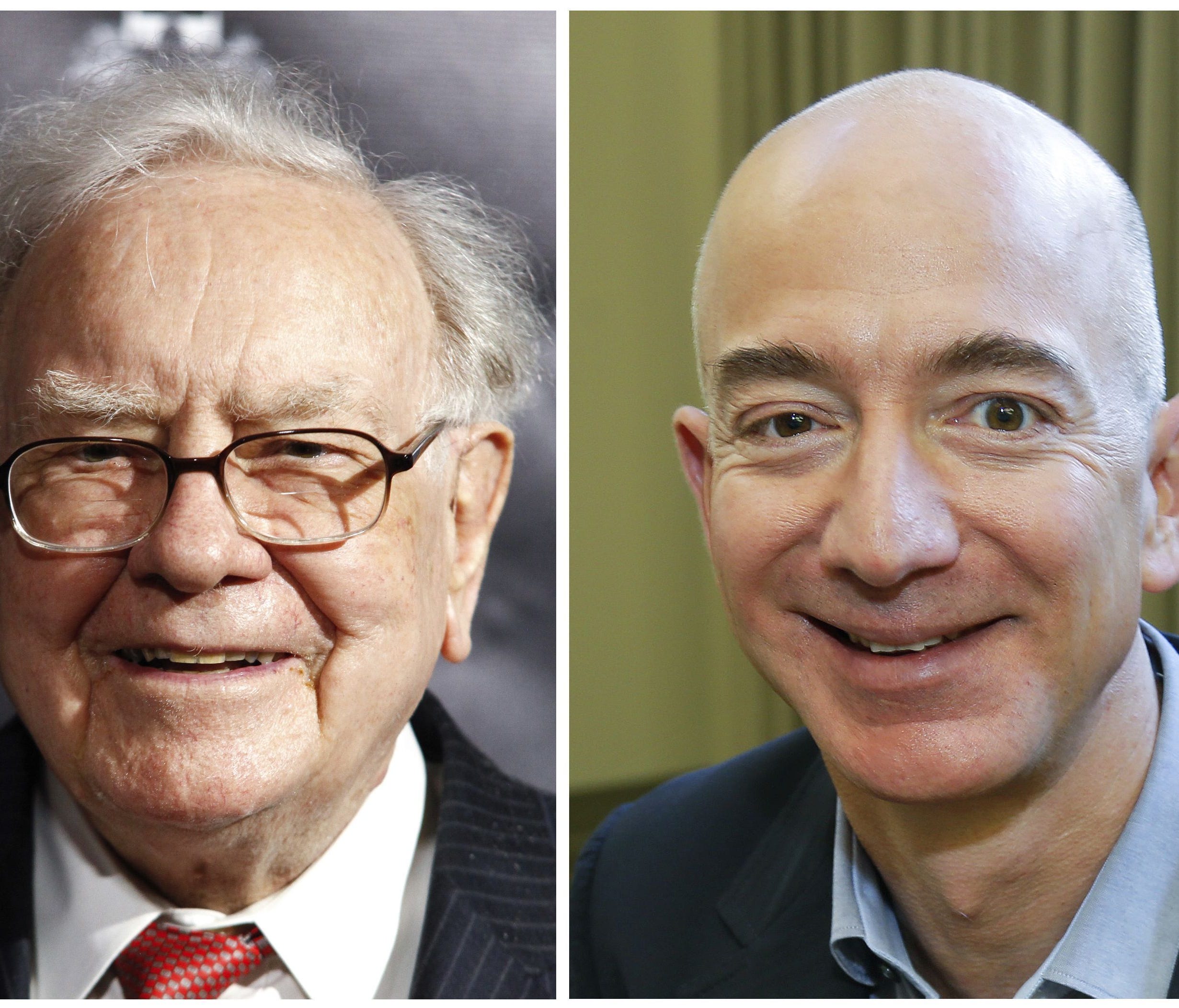 This combination of photos from left shows Warren Buffett on Sept. 19, 2017, in New York, Jeff Bezos, CEO of Amazon.com, on Sept. 24, 2013, in Seattle.