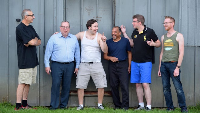 Starring in the Ti-Ahwaga Community Players production of “The Full Monty” are, from left, Paul Sanna, Shawn Yetter, Vito Longo, Steven Taylor, Isaac Weber and Sonny DeWitt.