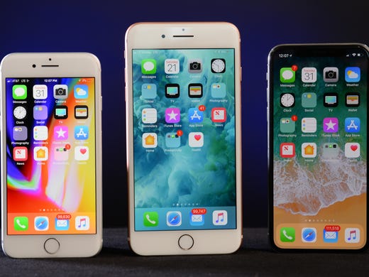 From left, an iPhone 8, iPhone 8 Plus and iPhone X