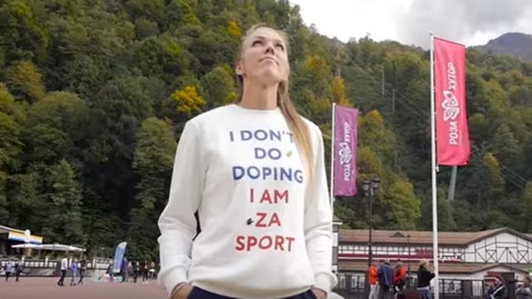 See a Russian Olympian, who is accused of doping, wearing an 'I don't do doping' shirt