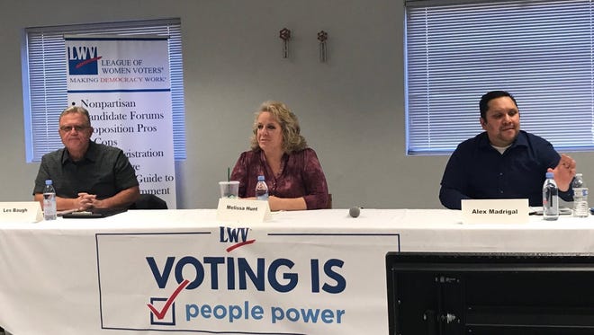 Incumbent Les Baugh, left, challengers Melissa Hunt, center, and Alex Madrigal prepare for Wednesday's forum for the Shasta County Board of Supervisors District 5 race Wednesday in Anderson.
