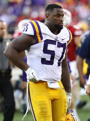 Davon Godchaux of the LSU Tigers reacts after being defeated 16-14.