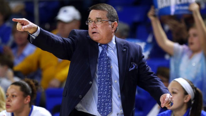 MTSU women's coach Rick Insell coaches against Arkansas State Sunday, March 22, 2015 at MTSU.