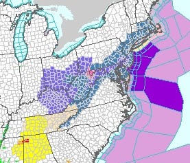 This map from the National Weather Service shows a number of winter weather warnings and advisories for the mid-Atlantic and Northeast for Tuesday, March 20, 2018 and Wednesday, March 21, 2018.