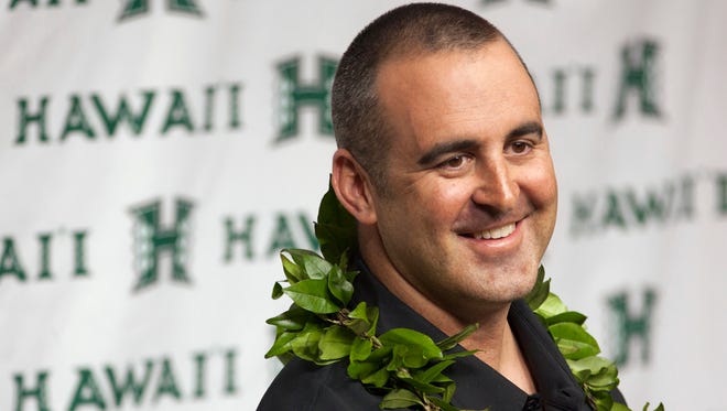 New Hawaii football coach Nick Rolovich speaks during a news conference Monday, Nov. 30, 2015, in Honolulu.