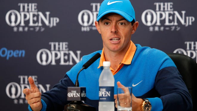 Rory McIlroy of Northern Ireland speaks at a press conference Tuesday at the British Open Golf Championships at the Royal Troon Golf Club in Troon, Scotland.