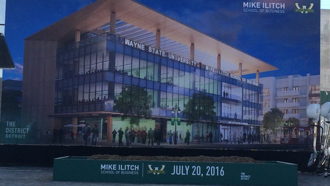 A rendering shows the Wayne State University Mike Ilitch School of Business, a state-of-the-art facility that will be next to the future Little Caesars Arena.