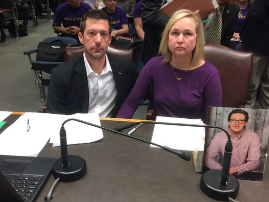 Steve and Rae Ann Gruver testified in favor of an anti-hazing bill in the House Criminal Justice Committee earlier this spring. Their late son Max was a victim of hazing at LSU. They placed a photo of Max in front of the committee.