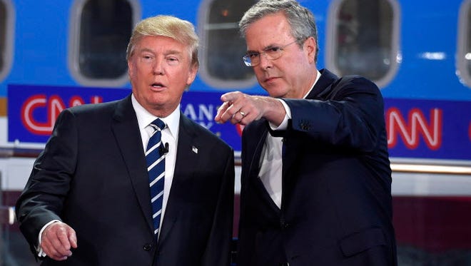 Republican presidential candidates Donald Trump and Jeb Bush at the debate on Sept. 16, 2015, in Simi Valley, Calif.
