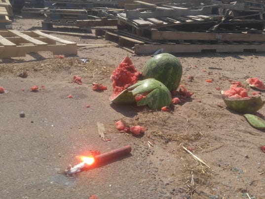 What's left of a watermelon Phoenix Fire Department used during a live demonstration about the dangers of illegal fireworks.