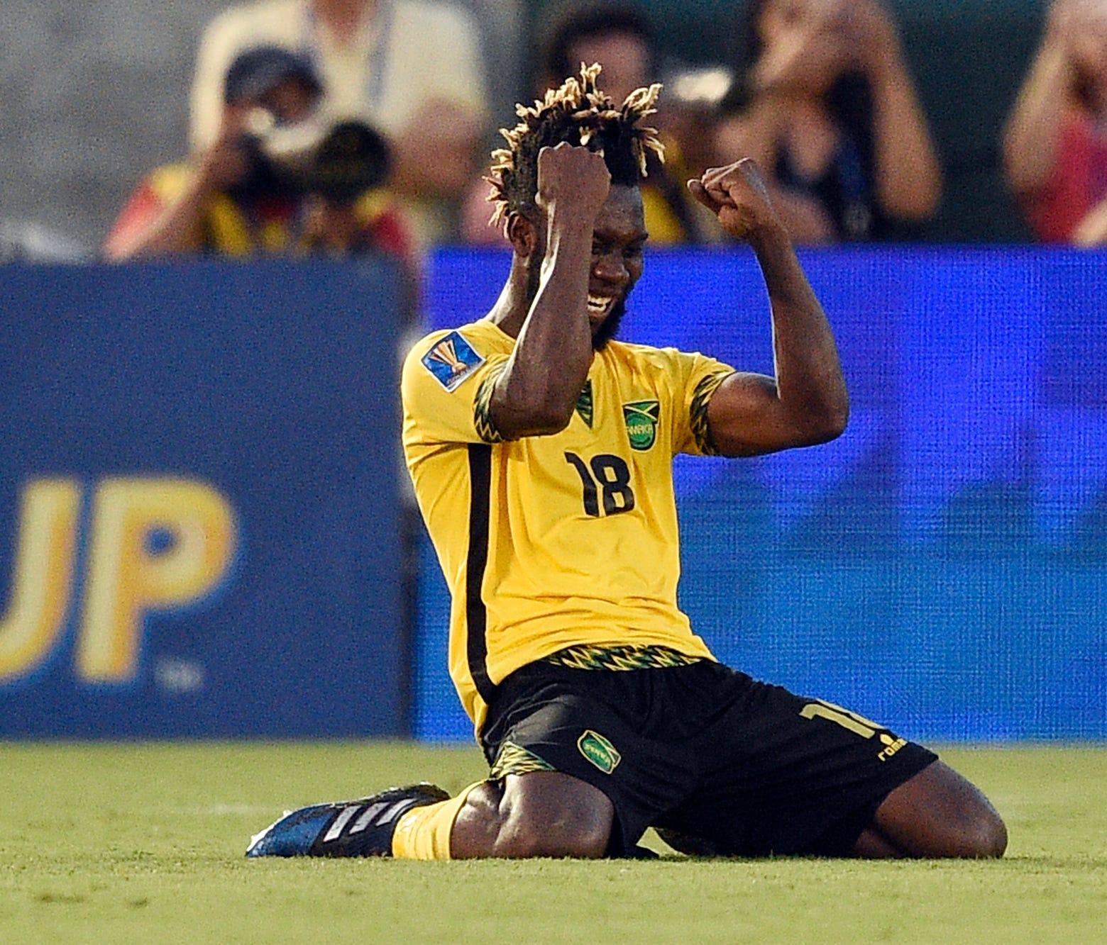 Jamaica forward Owayne Gordon reacts after beating Mexico at Rose Bowl.