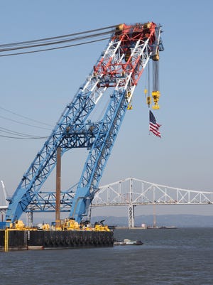The I Lift NY super crane arrives near the Tappan Zee Bridge, Oct. 6, 2014.  It is going to help in the construction of the New New York Bridge.