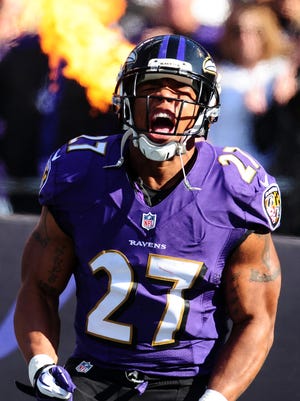Baltimore Ravens running back Ray Rice (27) gets introduced prior to the game against the Cincinnati Bengals in November at M&T Bank Stadium.