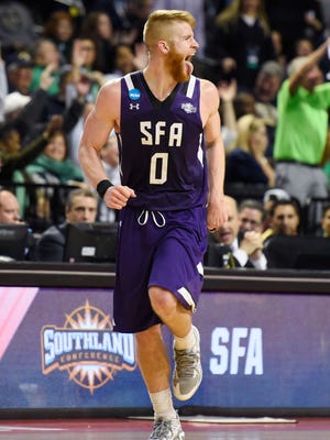 Stephen F. Austin Lumberjacks forward Thomas Walkup (0) reacts in the second half in the first round of the 2016 NCAA Tournament against the West Virginia Mountaineers at Barclays Center.