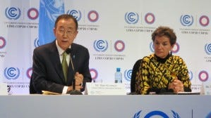UN Secretary-General Ban Ki-moon and UNFCCC Executive Secretary Christiana Figueres speak at COP 20 in Lima, Peru