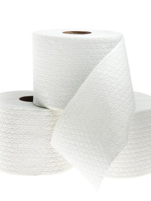 Three rolls of white perforated toilet paper