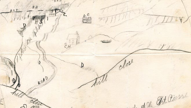 Elizabeth Corey drew the attached map in her October 2, 1910, letter, which included her location, "I am here," at bottom left. Other identified items include the Bad River "B.R.," railroad track "R.R.T.," and railroad bridge "R.R.B," in the upper left corner. The schoolhouse "C.H." is located at the center of the drawing. A road and various hills were also drawn in the letter.