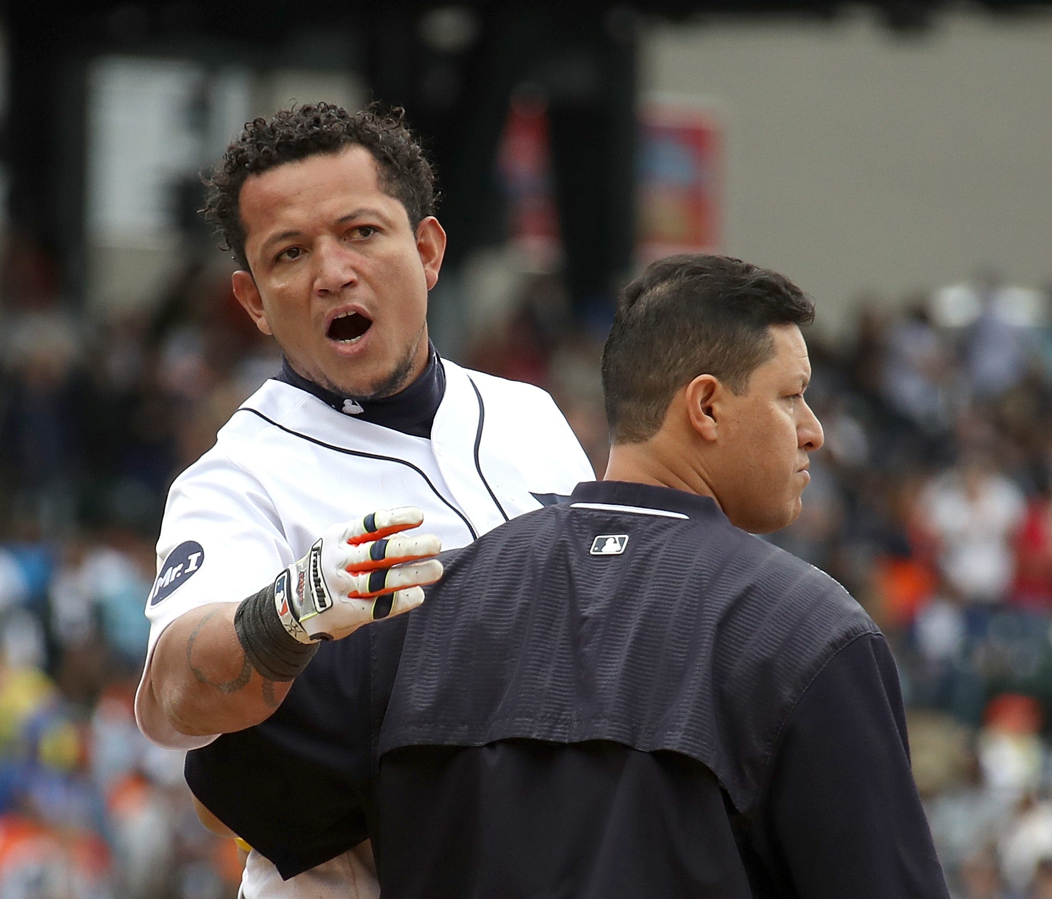 DETROIT, MI - AUGUST 24: Miguel Cabrera #24 of the Detroit Tigers is held back during a sixth inning bench clearing fight with the New York Yankees at Comerica Park on August 24, 2017 in Detroit, Michigan.  (Photo by Gregory Shamus/Getty Images) ORG 