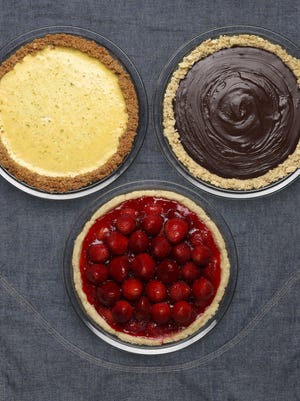 Clockwise from top left: key lime pie, chocolate pie and strawberry glazed pie, all made with crusts mixed right in the pie plate.