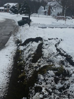 Howard Stevens and his wife were upset to find that a Livingston County Road Commission snow plow had dug up sod along the road in front of their Brighton Township home after last week's snow storm. A recycling bin was also crushed.