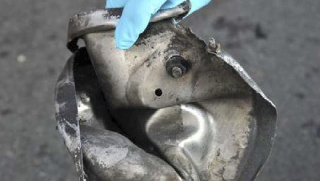 The remnants of a pressure cooker the FBI says was part of one of the bombs used during the Boston Marathon on April 15, 2013.