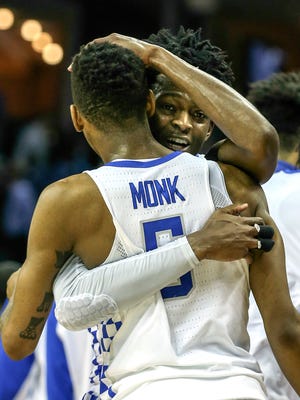 Malik Monk gives De'Aaron Fox a hug after UK defeats UCLA in Memphis. March 25, 2017