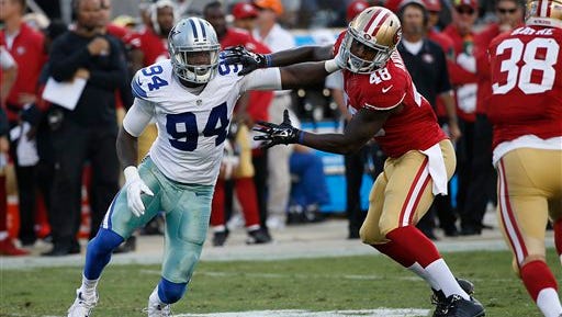 Dallas Cowboys defensive end Randy Gregory (94) is blocked by San Francisco 49ers tight end Rory Anderson (48) during the second half of an NFL preseason football game in Santa Clara, Calif., last season.