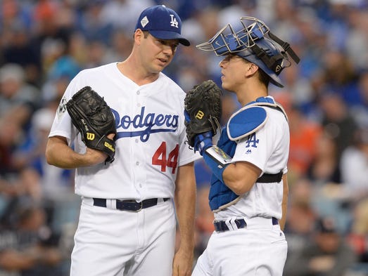 Game 6 at Dodger Stadium: Rich Hill talks with catcher