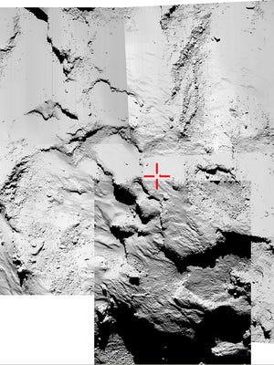 This five-image montage of  Rosetta's OSIRIS narrow-angle images , released by the European  Space Agency ESA on Thursday Nov. 13, 2014 , is being used to try to identify the final touchdown point of Rosetta’s lander Philae. The images were taken around the time of landing on November 12 when Rosetta was about 18 km (11 miles)  from the center of Comet 67P/Churyumov-Gerasimenko (about 16 km from the surface).  ESA digitally  marked the supposed landing area with a cross.  The lander scored a historic first Wednesday, touching down on comet 67P/Churyumov-Gerasimenko after a decade-long, 6.4 billion-kilometer (4 billion-mile) journey through space aboard its mother ship, Rosetta. The comet is streaking through space at 41,000 mph (66,000 kph) some 311 million miles (500 million kilometers) from Earth. (AP Photo/ESA/Rosetta/Philae)