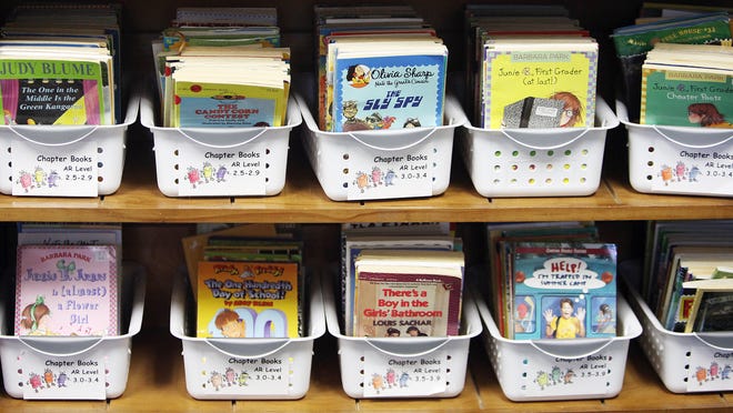 Baskets of books await young readers.