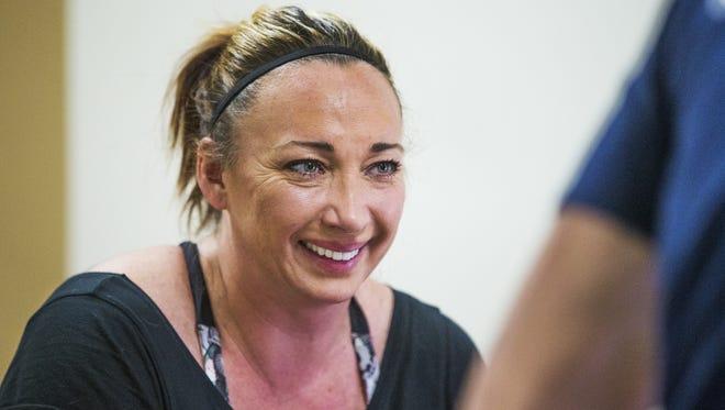 Olympic gold medalist Amy Van Dyken-Rouen, who was seriously injured in an ATV accident in 2014,  continues to work on her mobility during physical therapy sessions at  the Barrow Neurological Institute in Phoenix.