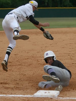 Milan's Cody Reeves safely slides into third base, as Murfreesboro Central's Patrick Norman leaps for the ball, during Spring Fling at Smyrna High School, in Smyrna, Tenn., on Wednesday, May 25, 2016.