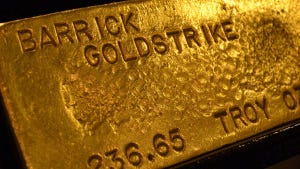 A bar of gold is displayed in Barrick's Goldstrike Mine on the Carlin Trend in Nevada, on Feb. 6, 2012. [Via MerlinFTP Drop]