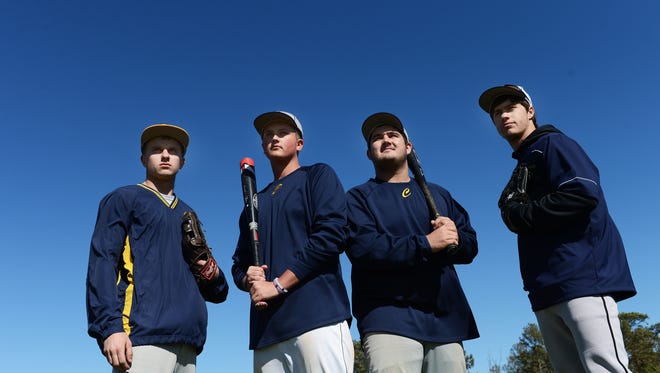 Chincoteague baseball seniors, from left, Spencer White, Miles Libertino, Joe Thornton and Trevor Reed pose for a portrait on Friday, April 8, 2016 on the Chincoteague baseball field. Dylan Mason, the fifth Chincoteague senior, was absent from the photograph due to a college visit. The seniors have high hopes for the Pony baseball team this season with qualifying for the state tournament as their goal. The team fell one game short of that goal last year.