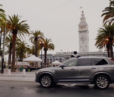 A Volvo XC90 equipped with Uber's prototype self-driving system in San Francisco.