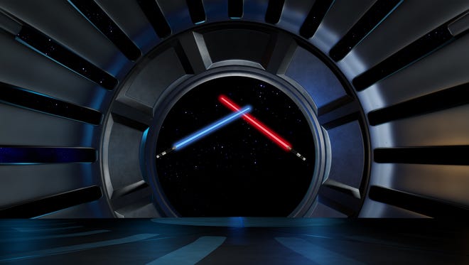 "Opposite side lightsabers in a fight pose inside the space environment."