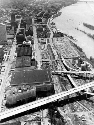 Downtown Memphis as seen in this March 28, 1973, aerial photograph taken looking toward the south before the Mid-America Mall, Morgan Keegan Tower and Mud Island River Park were built. Waterford Plaza is also missing from the South end of the downtown area.