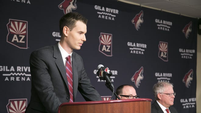 Coyotes new general manger John Chayka speaks during a press conference announcing Chayka as the new general manager at Gila River Arena in Glendale on Thursday, May 5, 2016. At 26, Chayka is the youngest general manager in NHL history.