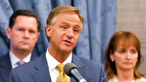 Gov. Bill Haslam, center, announces the creation of a task force to propose ways to improve access to health care in Tennessee in this April 2015 file photo.  House Speaker Beth Harwell, R-Nashville, right, said she began conversations with health policy experts at Vanderbilt University's medical school after lawmakers rejected the Insure Tennessee proposal last year by Haslam. At left is Rep. Cameron Sexton, R-Crossville.