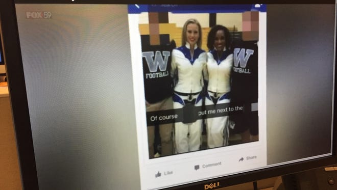 A screenshot from a FOX59 broadcast shows a viral Snapchat image with two Western High School students posing with two Colts cheerleaders, with a caption containing a racial slur.