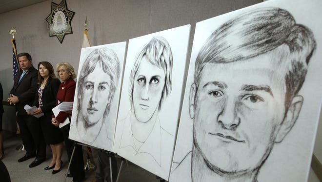 In this June 15, 2016, file photo, law enforcement drawings of a suspected serial killer believed to have committed at least 12 murders across California in the 1970's and 1980's are displayed at a news conference about the investigation, in Sacramento, Calif.