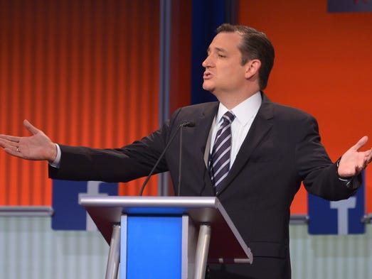 Cruz speaks during the prime-time Republican presidential