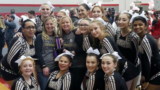 Corning-Painted Post cheerleaders placed second at the Sweetheart Classic on Feb. 10 at Chenango Valley. The Hawks are coached by Becky Volpe