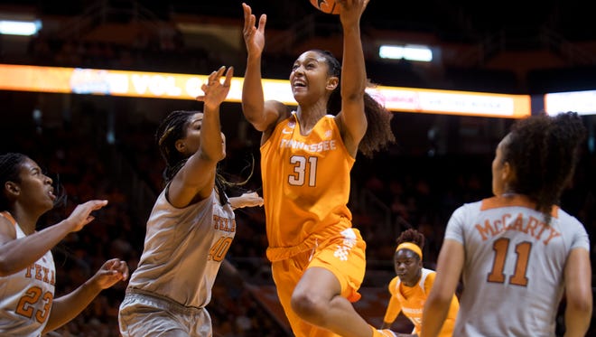Tennessee guard Jaime Nared (31) attempts a shot during Tennessee's home basketball game against Texas at Thompson-Boling Arena on Sunday, Dec. 10, 2017.