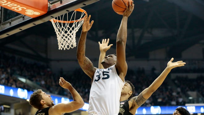 Xavier Musketeers forward RaShid Gaston (35) attempts to shoot a layup in the first half of the NCAA men's basketball game between the Xavier Musketeers and the Wake Forest Demon Deacons at the Cintas Center on XU's campus in Cincinnati on Saturday, Dec. 17, 2016. 